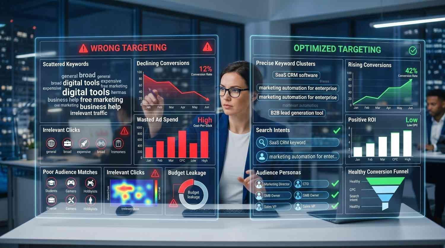 SEO specialist comparing poor keyword targeting with optimized audience targeting, showcasing keyword clustering, search intent alignment, conversion rate improvements, ROI growth, and reduced ad spend waste. Digital marketing strategy focused on PPC optimization, lead generation, and higher-quality traffic acquisition.