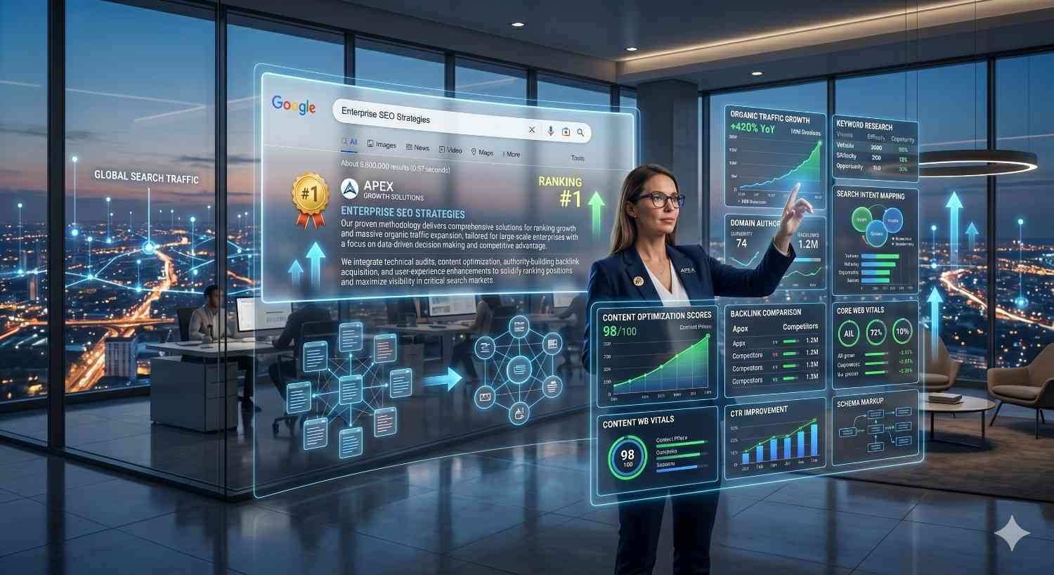SEO specialist analyzing enterprise search performance through interactive digital dashboards in a modern office. Futuristic screens display Google rankings, organic traffic growth, keyword research, backlink metrics, content optimization scores, and technical SEO insights. City lights illuminate the background, emphasizing data-driven strategies, search visibility improvements, and digital marketing success.