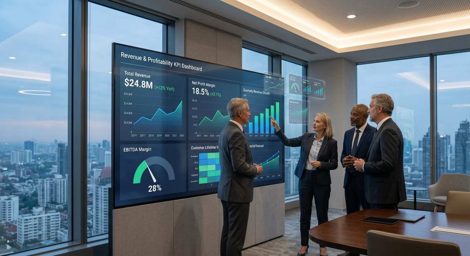 Executive team reviewing revenue and profitability KPI dashboard with financial performance metrics, EBITDA margin, revenue growth, customer lifetime value, and business analytics. Corporate leaders analyze data-driven insights to optimize profitability, strategic planning, operational efficiency, and long-term business growth