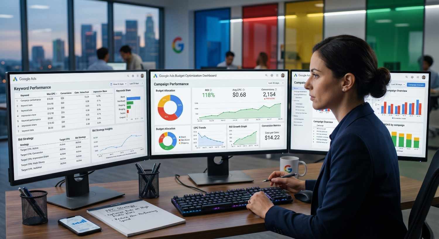 Digital marketing specialist analyzing Google Ads campaign performance on multiple monitors, reviewing keyword metrics, budget allocation, CPC trends, conversions, and ROI dashboards. PPC management and paid search optimization strategy focused on improving ad performance, lead generation, and advertising return on investment. (