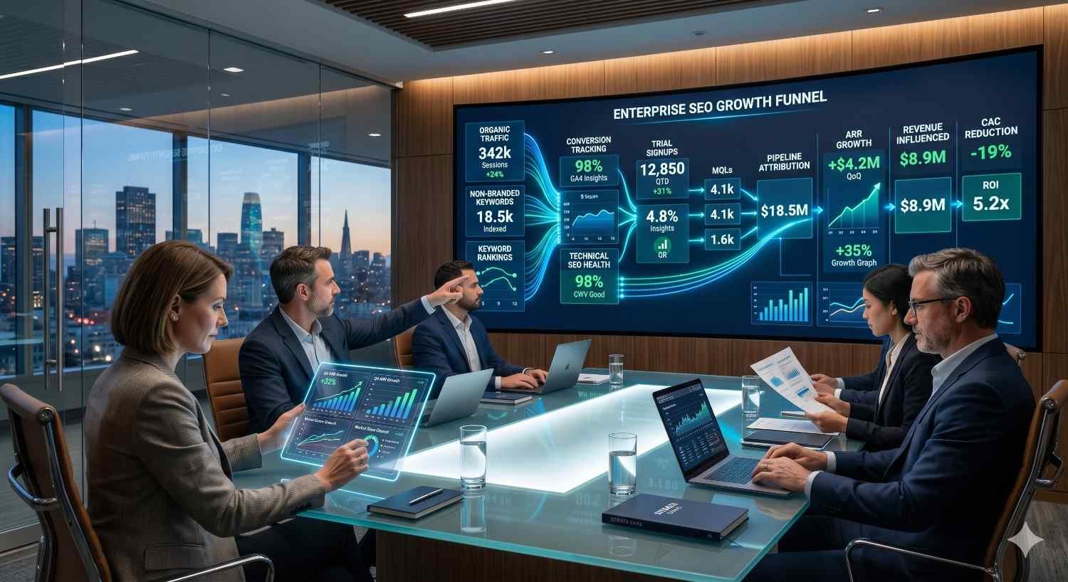 Enterprise leadership team reviews an SEO growth funnel dashboard during a strategy meeting in a modern boardroom. Large displays highlight organic traffic, keyword rankings, conversion tracking, trial signups, marketing-qualified leads, pipeline attribution, revenue growth, customer acquisition cost reduction, and return on investment, emphasizing data-driven planning and scalable business growth.
