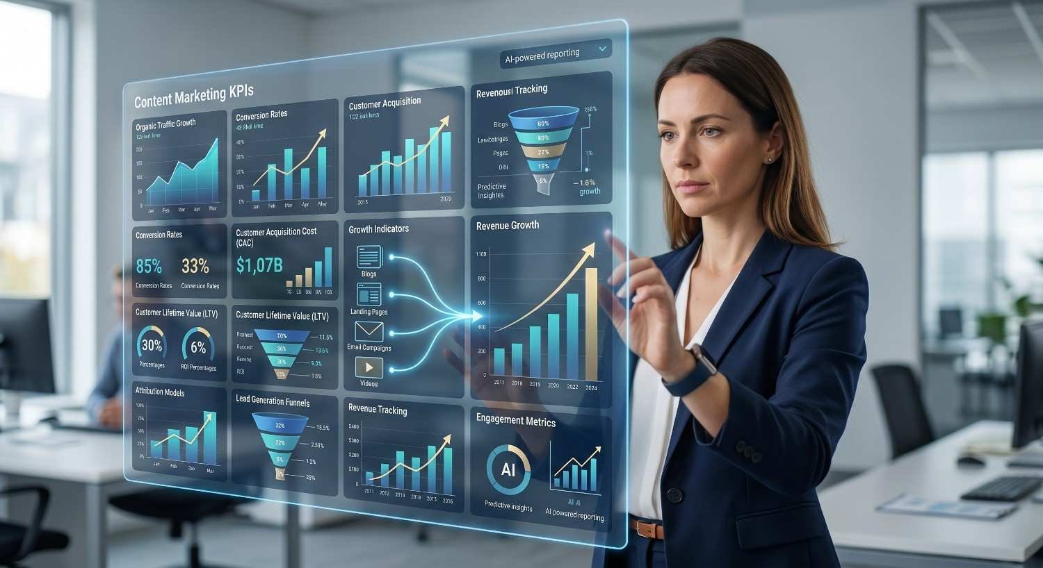 Digital marketing professional reviewing content marketing KPIs on an AI-powered analytics dashboard. Visual reports highlight organic traffic growth, customer acquisition cost, conversion rates, revenue tracking, lead generation funnels, customer lifetime value, and predictive insights, demonstrating data-driven content marketing strategy, ROI measurement, and business growth optimization.