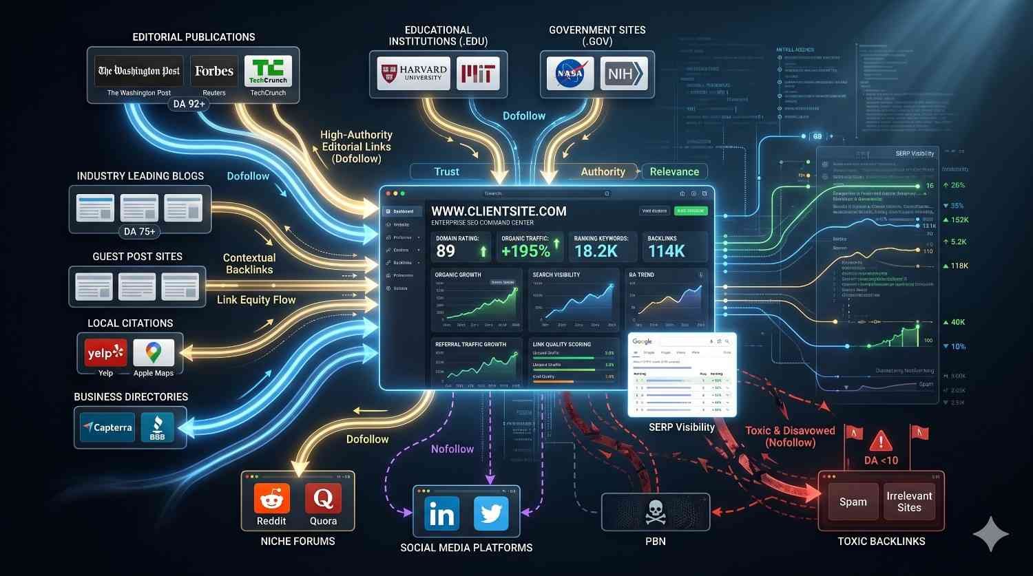 Backlink strategy and SEO authority diagram showing high-quality backlinks from news sites, universities, government websites, business directories, and local citations, improving domain authority, search rankings, referral traffic, SERP visibility, and overall website SEO performance while avoiding toxic backlinks