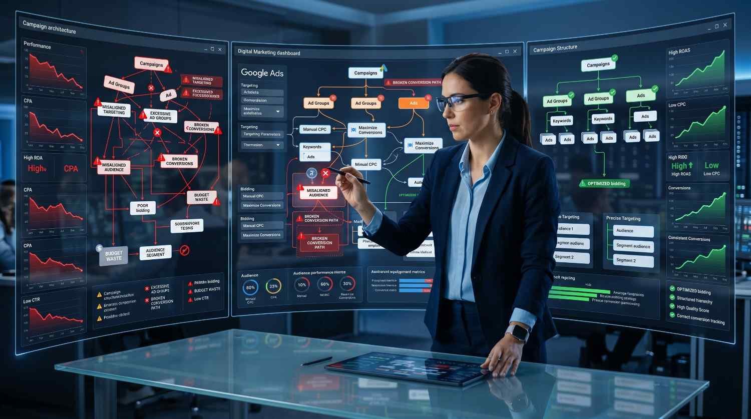 Digital marketing expert analyzing Google Ads campaign structure, comparing inefficient account setup with optimized PPC strategy. Interactive dashboard highlights audience targeting, bidding optimization, conversion tracking, keyword organization, ROAS improvement, and lower CPA for better advertising performance and scalable campaign growth