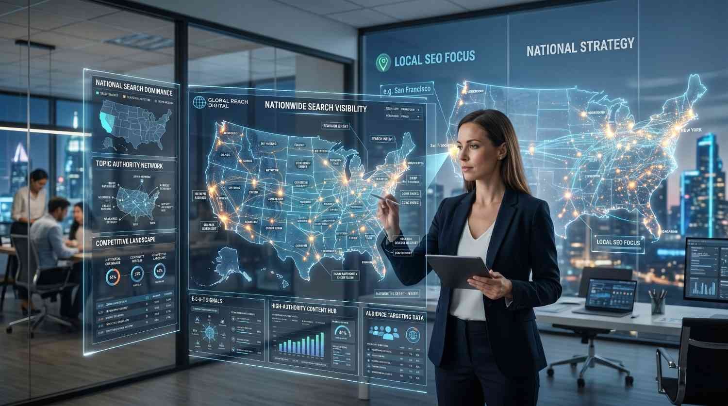 Local SEO versus national SEO strategy dashboard showcasing nationwide search visibility, topic authority, audience targeting, competitive analysis, and geographic keyword mapping. Digital marketing professional reviewing local search optimization, national keyword strategy, content authority signals, and search performance data to improve rankings, traffic, and online visibility.