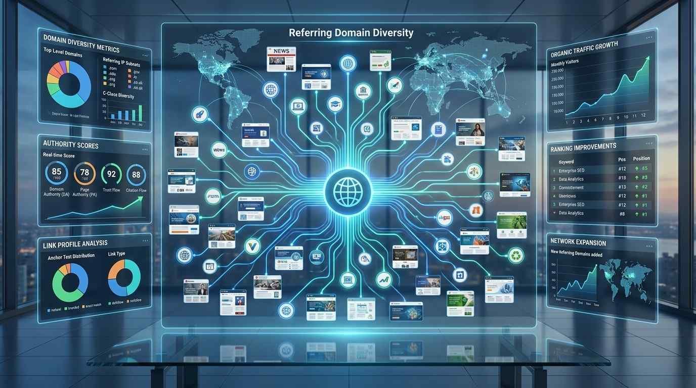 Referring domain diversity dashboard visualizing a global backlink network from authoritative websites. SEO analytics highlight domain authority, link profile strength, ranking improvements, organic traffic growth, and network expansion. Illustration demonstrates diversified link building strategies that enhance website authority, search engine rankings, and long-term SEO performance.