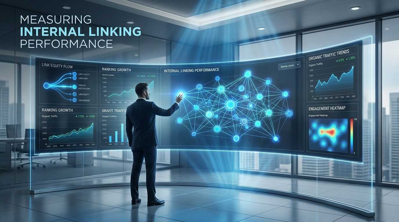 SEO professional measuring internal linking performance through advanced analytics dashboards. Visualization highlights link equity flow, website structure, ranking growth, organic traffic trends, engagement metrics, and internal link networks designed to improve topical authority, search visibility, and Google search rankings.