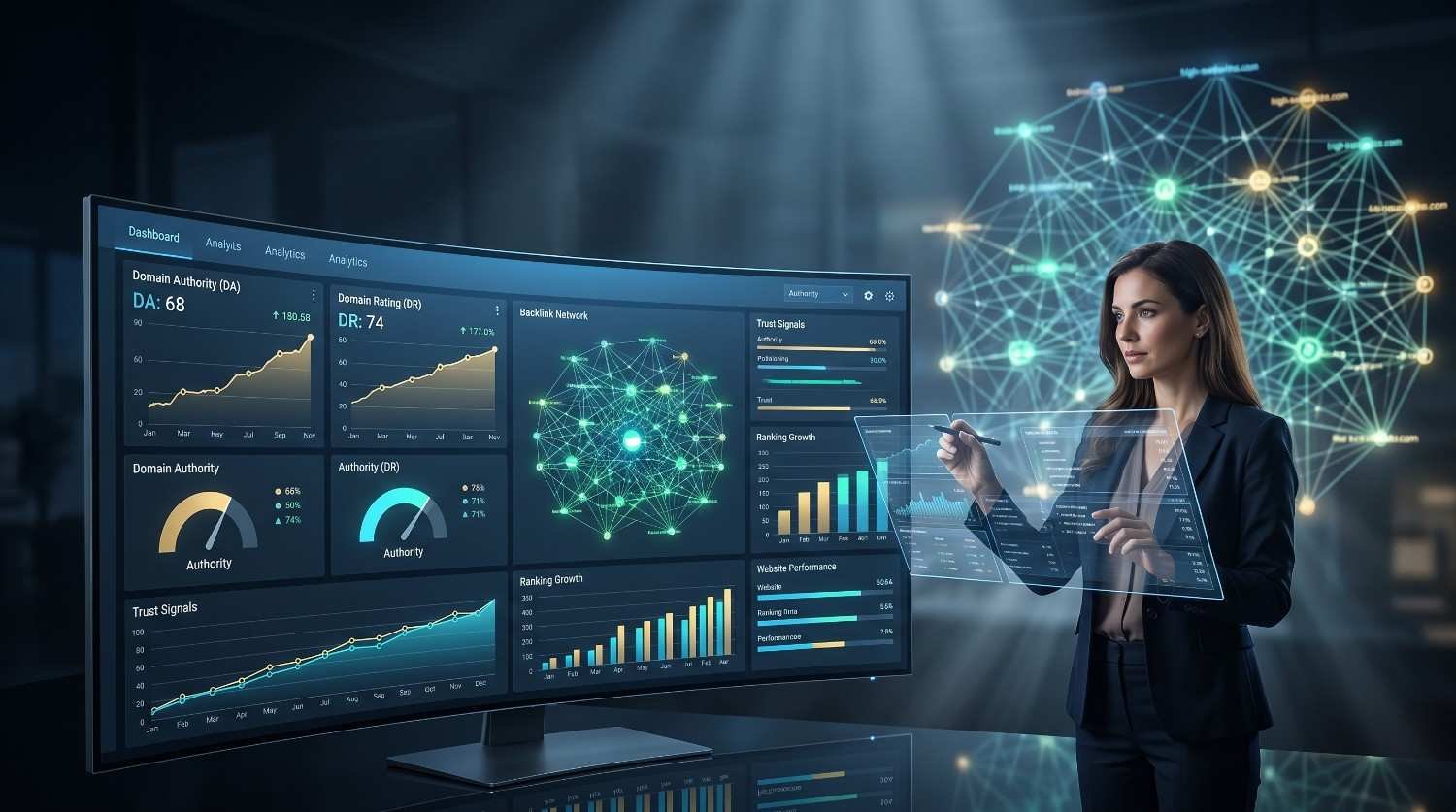 SEO expert analyzing backlink profile and domain authority metrics on an advanced SEO dashboard. Visualization highlights trust signals, ranking growth, backlink network analysis, website authority, and organic search performance. Digital marketing strategy focused on high-quality link building, search engine rankings, and sustainable SEO growth.