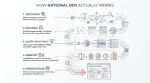 Diagram showing the 5 stages of how national SEO works: discovery, indexing, query matching, ranking, and presentation.