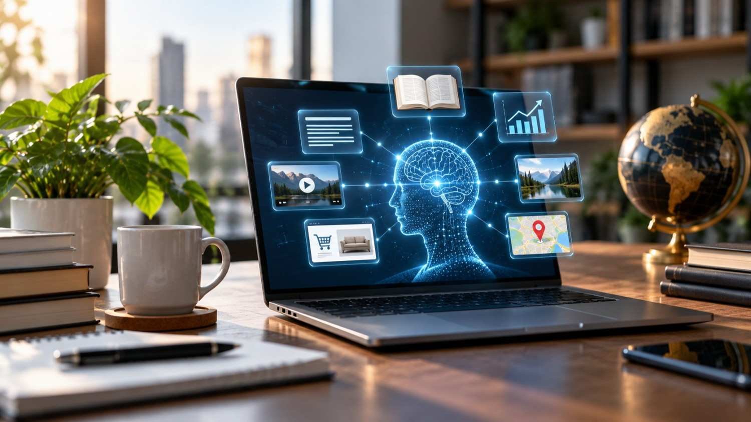 Laptop displaying an artificial intelligence concept with a glowing digital brain connected to content, analytics, video, shopping, and location information, representing AI-powered search and answer engine optimization.