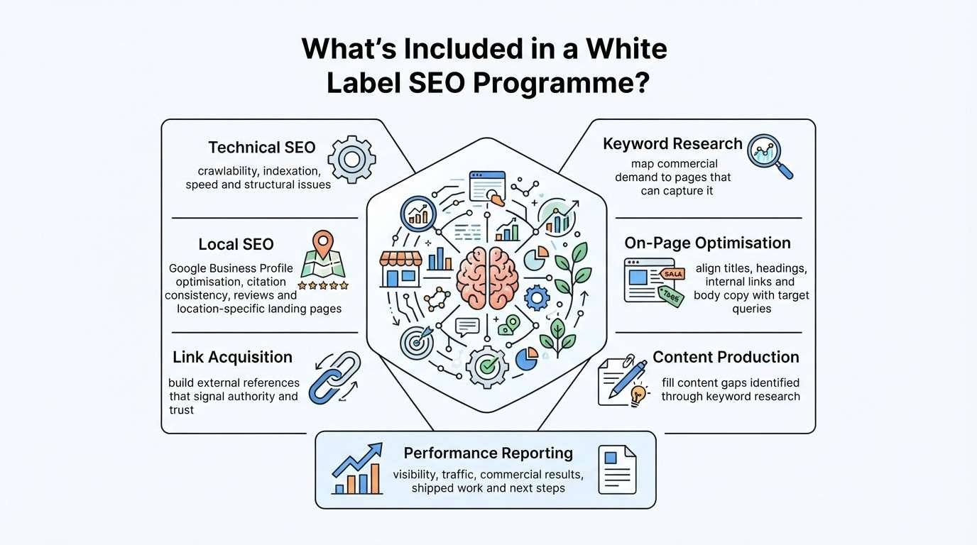 Infographic showing the key components of a white label SEO programme, including technical SEO, keyword research, local SEO, on-page optimisation, link acquisition, content production, and performance reporting.