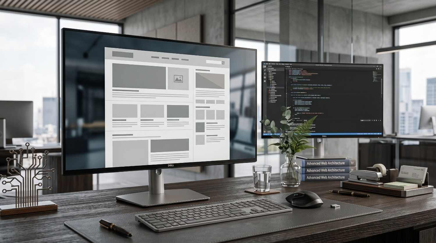Modern web development workspace with dual monitors displaying a website wireframe and source code, representing technical SEO, website architecture, and performance optimization.