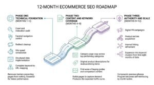 12-month ecommerce SEO roadmap infographic showing a three-phase ascending path divided into technical foundation (months 1–3), content and keyword coverage (months 4–8), and authority and scale (months 9–12).