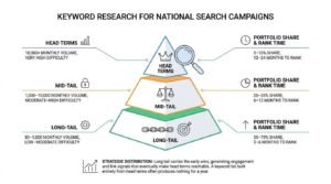 Infographic showing a national SEO keyword strategy divided into head terms, mid-tail keywords, and long-tail keywords, with search volume, difficulty, ranking timelines, and portfolio share.