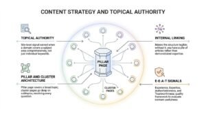 Infographic illustrating a national SEO content strategy built around a central pillar page, supporting cluster pages, internal linking, pillar-and-cluster architecture, topical authority, and E-E-A-T signals.