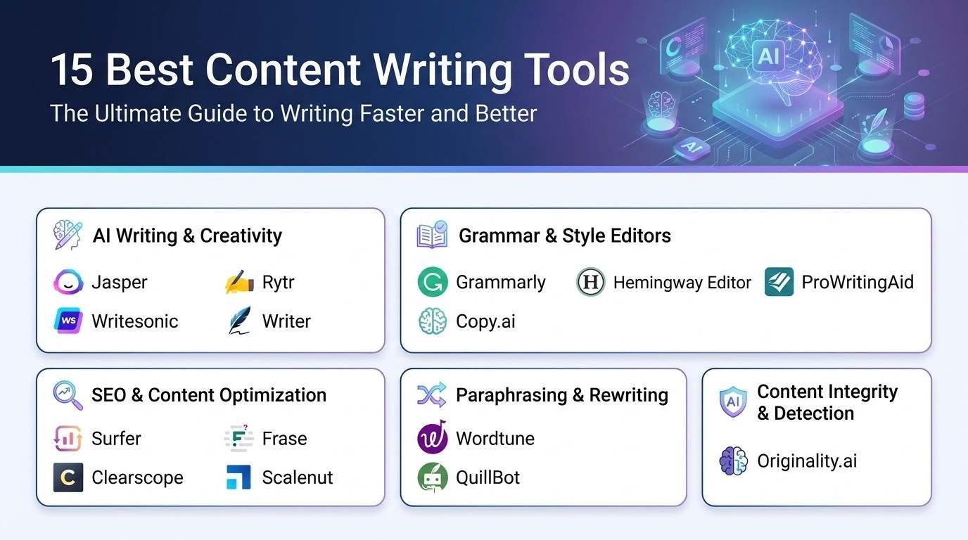 Infographic titled '15 Best Content Writing Tools: The Ultimate Guide to Writing Faster and Better' organizing 15 software platforms into five workflow categories: AI writing, grammar editing, SEO optimization, paraphrasing, and content integrity.