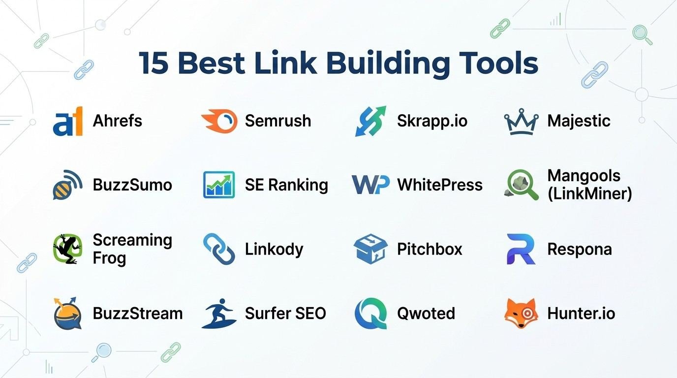 Infographic titled 15 Best Link Building Tools displaying a 4x4 grid of leading SEO software logos including Ahrefs, Semrush, Skrapp.io, Majestic, BuzzSumo, SE Ranking, WhitePress, Mangools LinkMiner, Screaming Frog, Linkody, Pitchbox, Respona, BuzzStream, Surfer SEO, Qwoted, and Hunter.io set against a light background with linked chain and network node graphics.