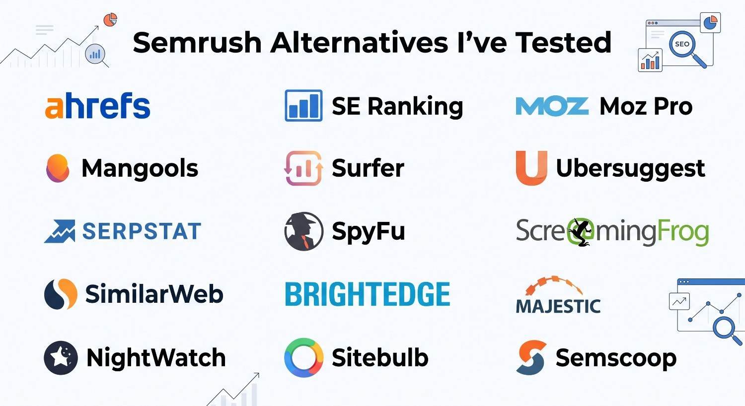 Infographic titled Semrush Alternatives I've Tested featuring a 3-column by 5-row grid displaying 15 SEO platforms: ahrefs, SE Ranking, Moz Pro, Mangools, Surfer, Ubersuggest, SERPSTAT, SpyFu, ScreamingFrog, SimilarWeb, BRIGHTEDGE, MAJESTIC, NightWatch, Sitebulb, and Semscoop.