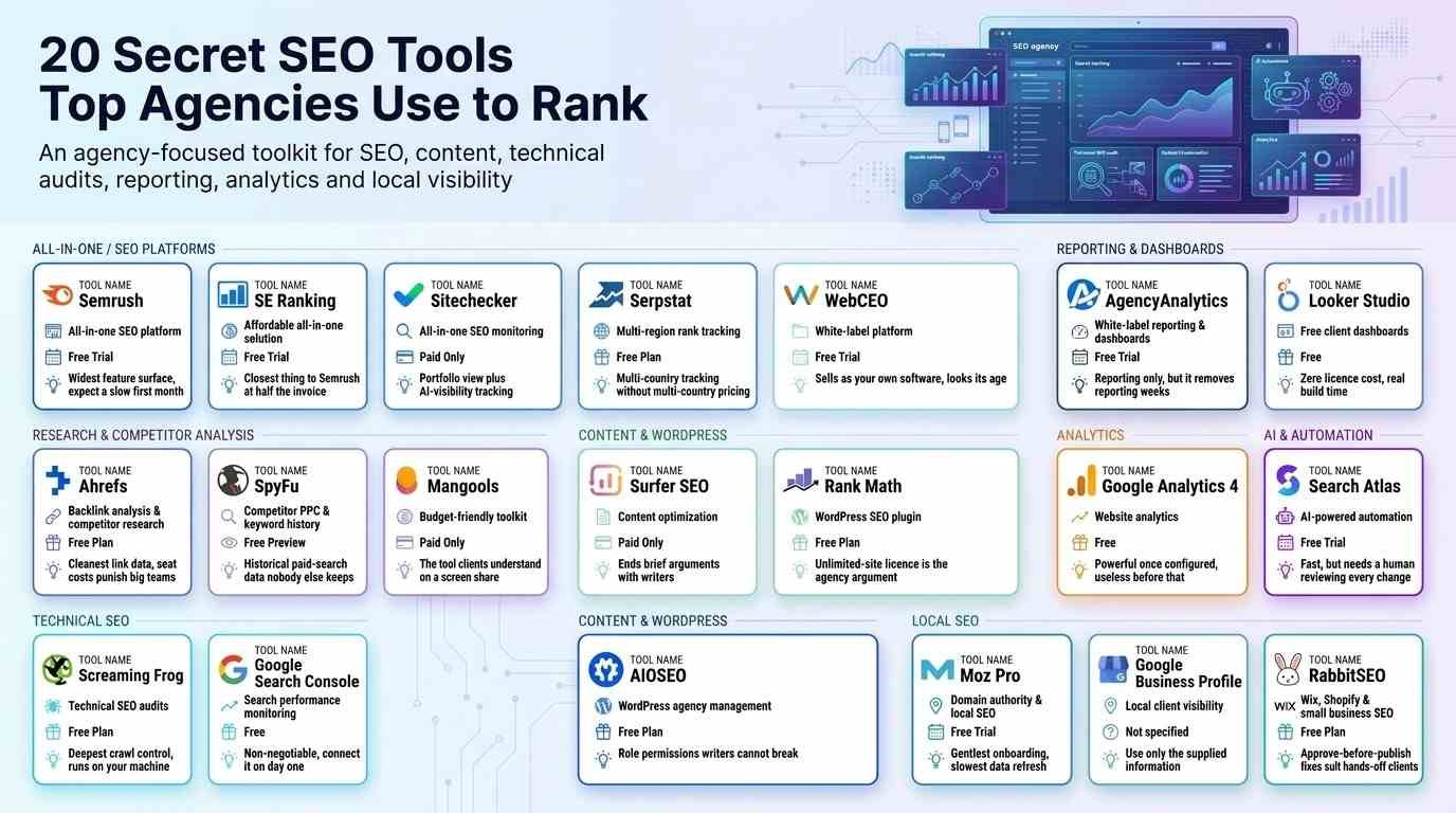 Infographic titled '20 Secret SEO Tools Top Agencies Use to Rank' showcasing 20 agency-focused software platforms organized across categories like All-in-One, Competitor Analysis, Technical SEO, Content, Analytics, and Local SEO.