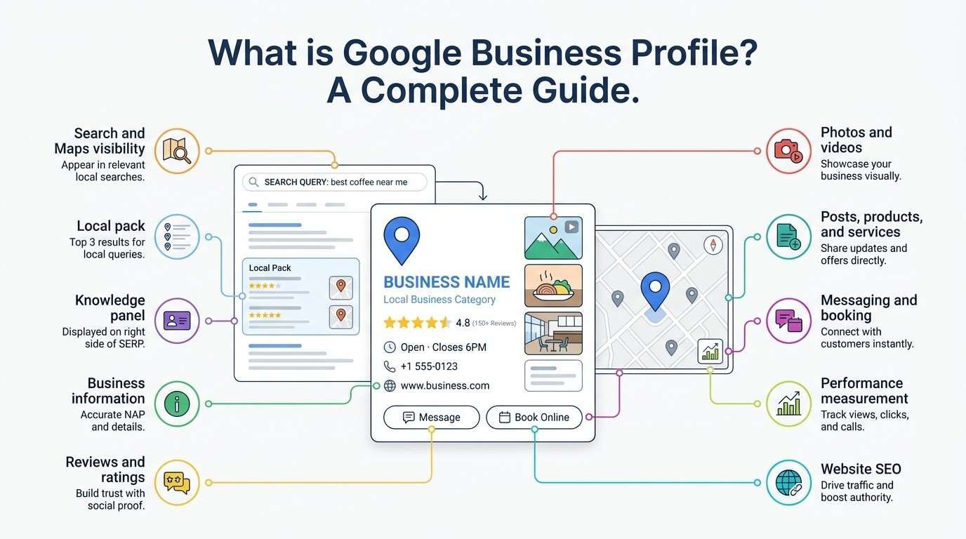 Infographic explaining Google Business Profile and its key features, including Search and Maps visibility, local pack rankings, reviews and ratings, business information, photos and videos, posts, products and services, messaging, booking, performance measurement, and website SEO.