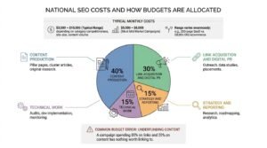 Infographic showing typical national SEO monthly costs and budget allocation across content production, link acquisition and digital PR, technical work, and strategy and reporting.