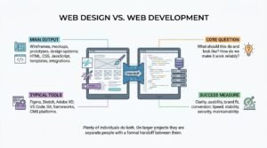 Infographic comparing web design and web development, including their main outputs, typical tools, core questions, success measures, and the handoff between design and development.