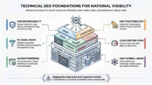 Infographic illustrating technical SEO foundations for national visibility, including indexability, crawl efficiency, rendering, structured data, Core Web Vitals, and internal linking.
