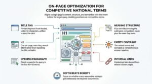 Infographic explaining on-page SEO optimization for competitive national terms, covering title tags, H1 headings, opening paragraphs, heading structure, entity coverage, internal links, and content depth.