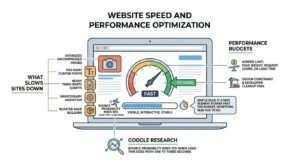 Infographic explaining website speed and performance optimization, highlighting common causes of slow sites such as oversized images, custom fonts, third-party scripts, unnecessary animation, and bloated page builders, along with performance budgets and optimization goals.