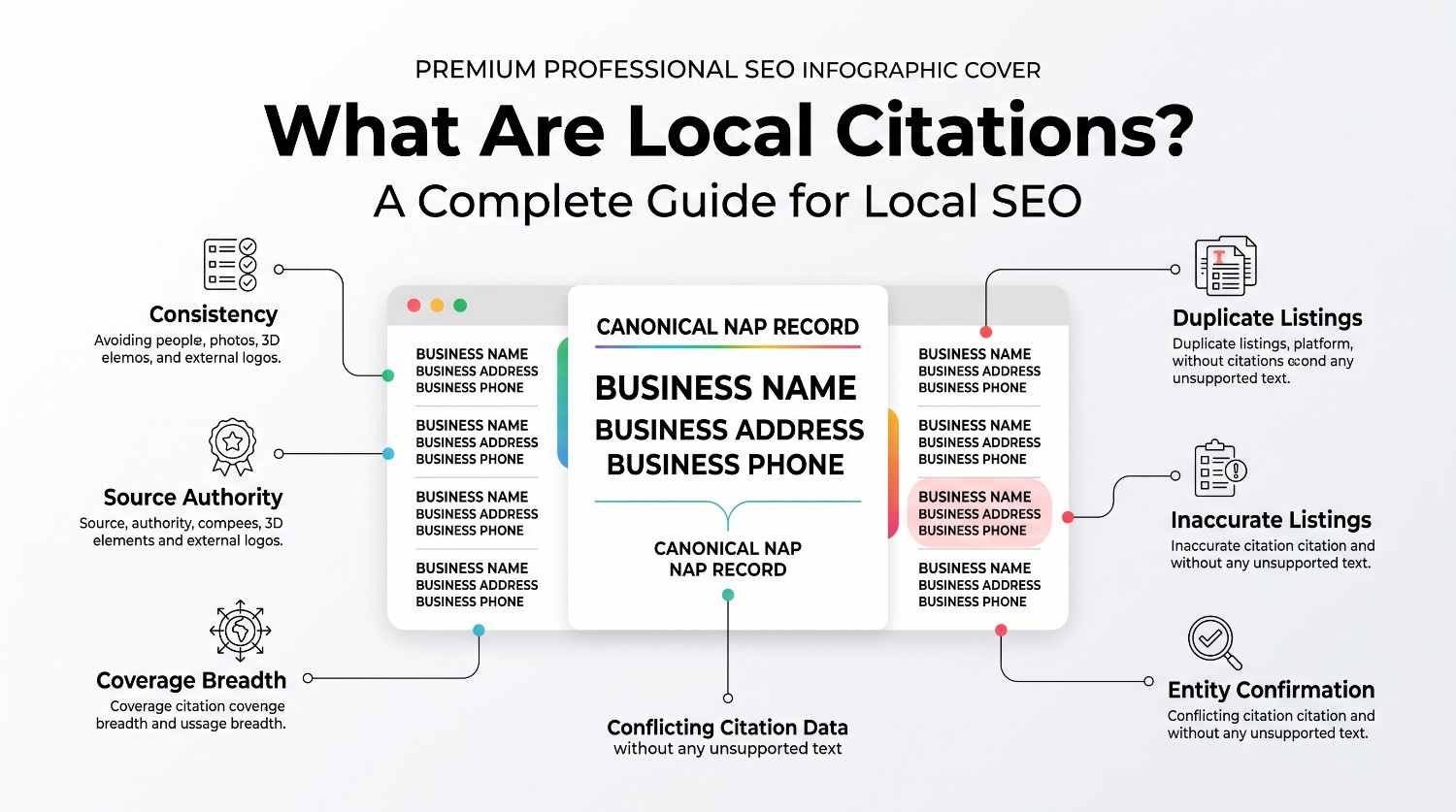 Professional local SEO infographic explaining local citations, canonical NAP records, consistency, source authority, coverage breadth, duplicate listings, inaccurate listings, conflicting citation data, and entity confirmation.