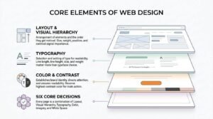 Infographic explaining the core elements of web design, including layout and visual hierarchy, typography, color and contrast, imagery, and white space, with examples of how these decisions shape a webpage.
