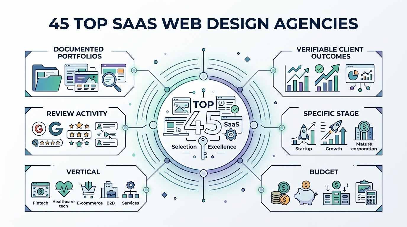 Infographic titled 45 TOP SAAS WEB DESIGN AGENCIES detailing agency vetting criteria—Documented Portfolios, Verifiable Client Outcomes, Review Activity, Specific Stage, Vertical, and Budget—surrounding a central audit hub labeled TOP 45 SaaS Selection Excellence.