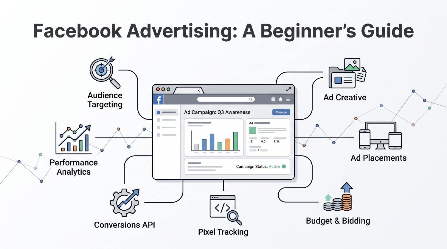 Infographic explaining the key components of Facebook advertising, including audience targeting, ad creative, ad placements, budget and bidding, pixel tracking, Conversions API, and performance analytics.