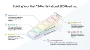 Infographic showing a 12-month national SEO roadmap covering technical SEO, keyword research, content production, digital PR, link building, optimization, conversion work, and quarterly reviews.
