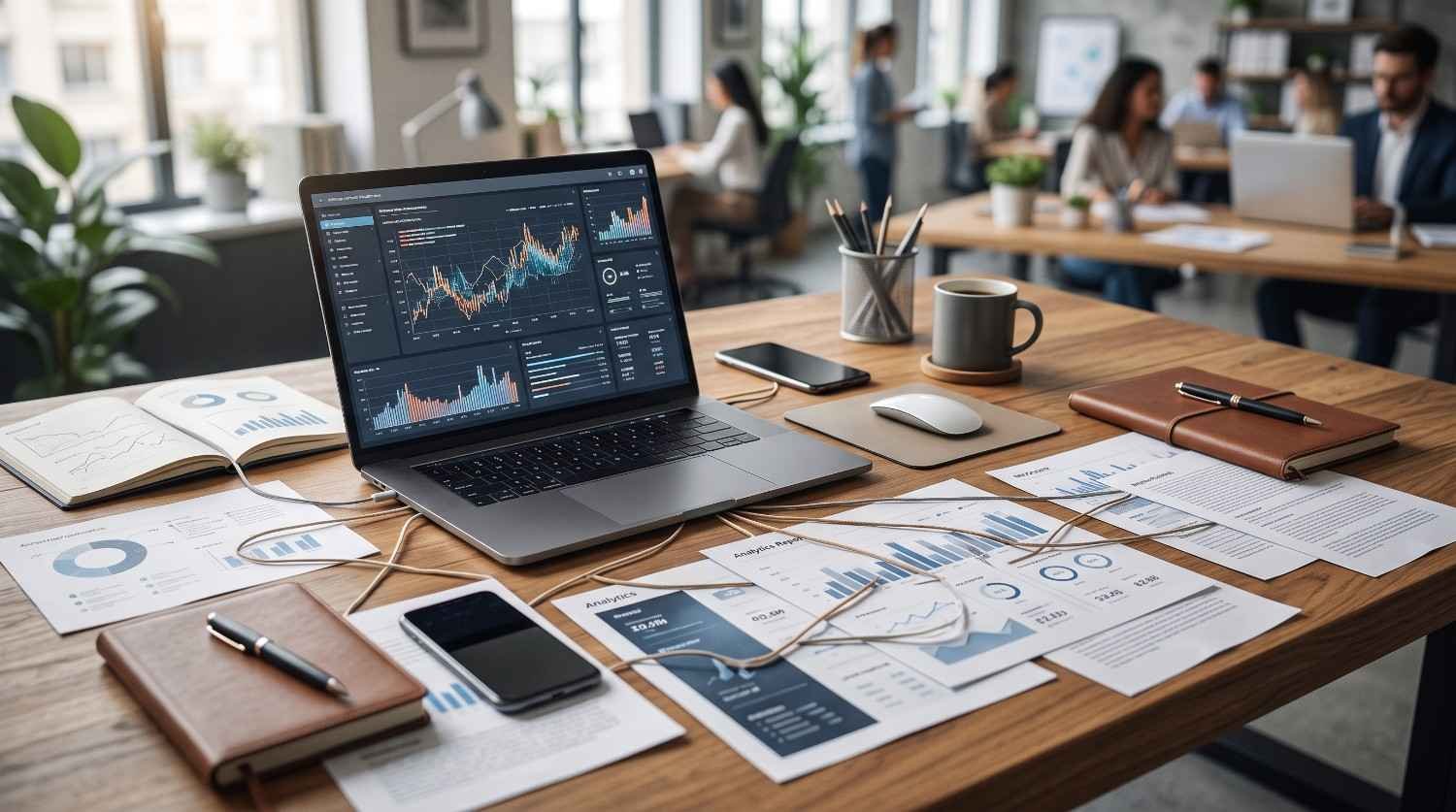 Laptop displaying an SEO analytics dashboard with charts and performance metrics, surrounded by printed reports, notebooks, smartphone, and office supplies on a wooden desk.