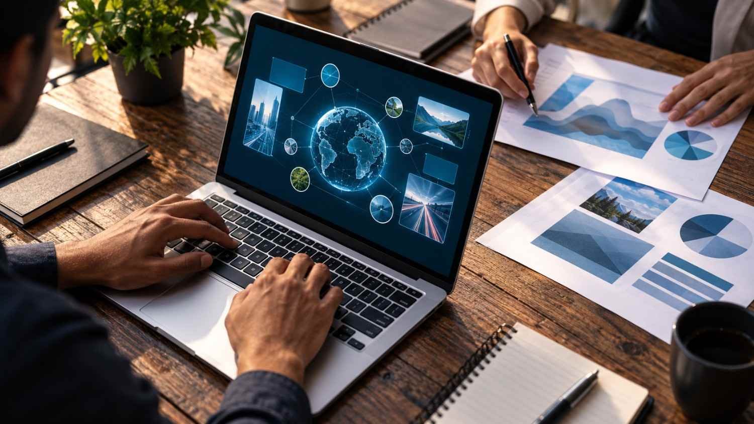 Digital marketing professionals working on a laptop displaying a connected global network, with analytics charts and visual reports on a desk, representing global SEO strategy and digital optimization.