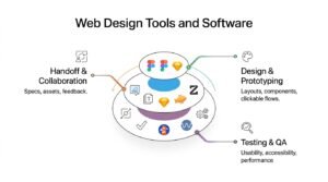 Infographic showing web design tools and software organized around three key areas: design and prototyping for layouts and clickable flows, handoff and collaboration for specs and assets, and testing and QA for usability, accessibility, and performance.