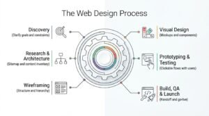 Infographic illustrating the web design process from discovery, research and architecture, and wireframing through visual design, prototyping and testing, and finally build, quality assurance, and launch.