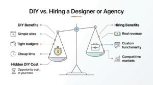 Infographic comparing DIY website design with hiring a designer or agency, highlighting DIY benefits such as simple sites, tight budgets, and lower upfront costs versus hiring benefits such as real revenue potential, custom functionality, and support for competitive markets.