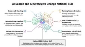 Infographic explaining how AI search and AI Overviews are changing national SEO through discovery and crawling, semantic understanding, AI-generated answers, evolving ranking factors, user experience, and traffic shifts.