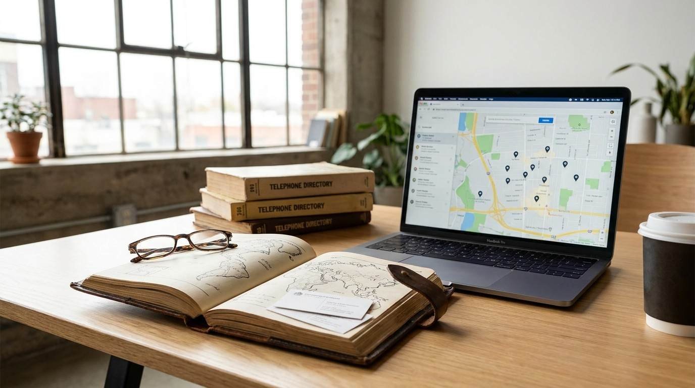 Laptop displaying local map search results beside a vintage map book, telephone directories, eyeglasses, and a coffee cup on a wooden desk.