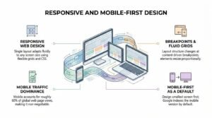 Infographic explaining responsive and mobile-first web design, covering fluid layouts, content-driven breakpoints, mobile traffic, and designing for smaller screens before larger devices.
