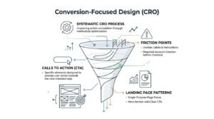 Infographic explaining conversion-focused web design, including a systematic CRO process, calls to action, friction points, and landing page patterns designed to improve user action and conversions.