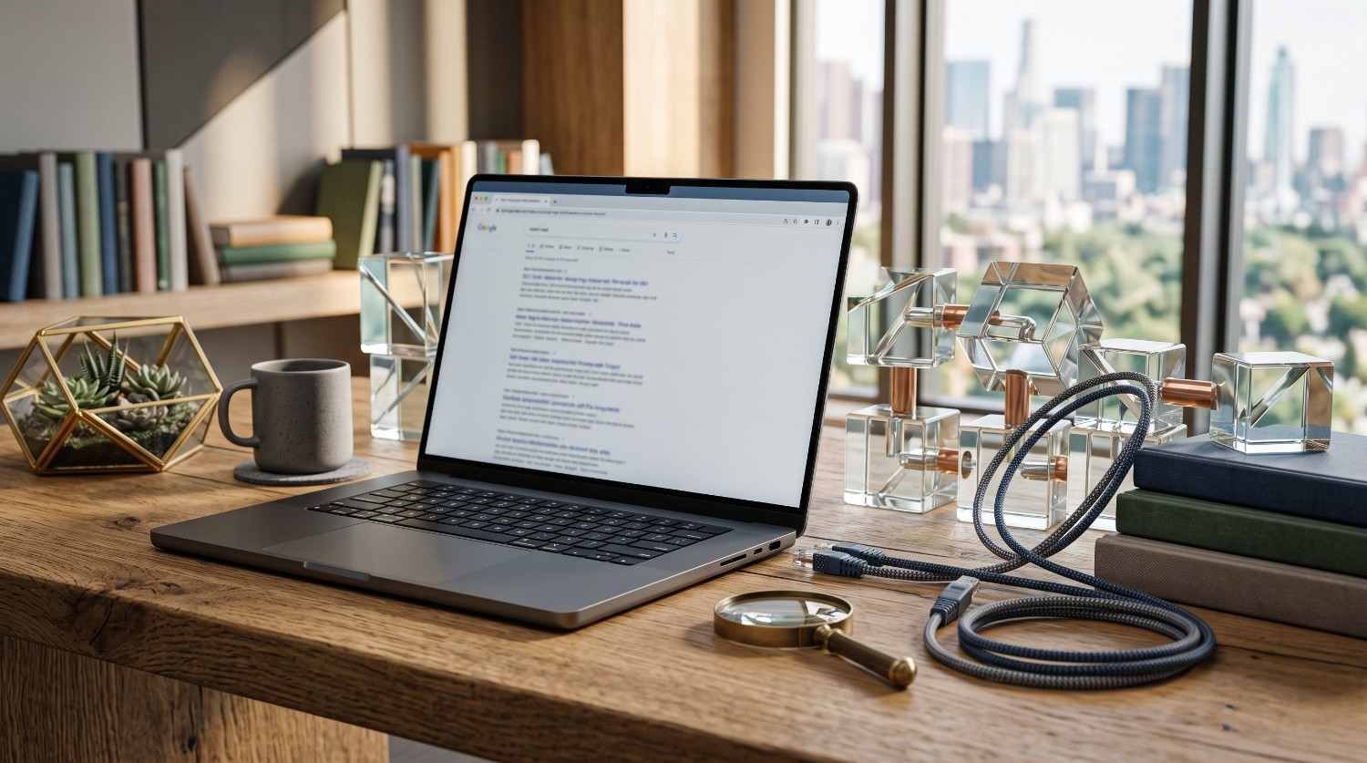 Laptop displaying search engine results on a wooden desk, with a magnifying glass, books, decorative objects, and a city skyline visible through the window.