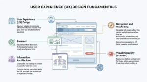 Infographic explaining UX design fundamentals, including user research, information architecture, navigation and wayfinding, and visual hierarchy through contrast.