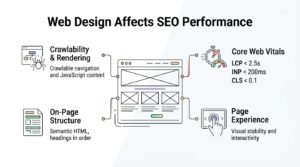 Infographic showing how web design affects SEO performance through crawlability and rendering, on-page structure, Core Web Vitals, and overall page experience.
