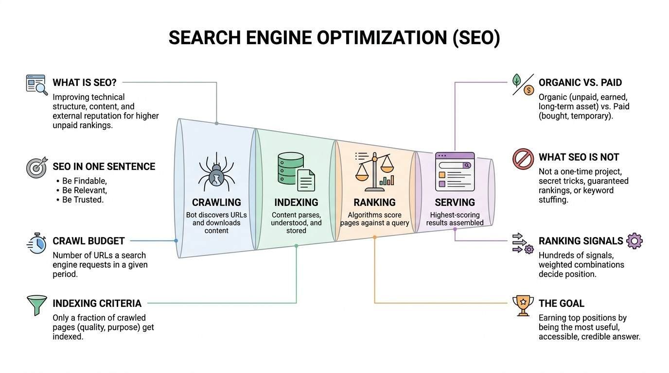 Search engine optimization guide infographic illustrating the search pipeline funnel—crawling, indexing, ranking, and serving—alongside core SEO definitions and concepts.