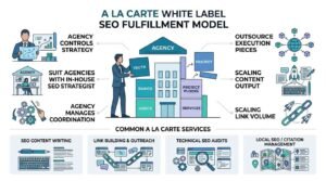 Infographic titled A La Carte White Label SEO Fulfillment Model illustrating modular outsourcing, agency strategy control, and common à la carte services.