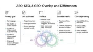 AEO, SEO, and GEO overlap and differences infographic comparing search engine optimization, answer engine optimization, and generative engine optimization across primary goals, units optimized, surfaces, success metrics, and core dependencies.