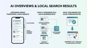 Infographic titled AI OVERVIEWS & LOCAL SEARCH RESULTS detailing three sections: Appearing Above Traditional Local Results on a mobile screen layout, How AI Overviews Pull Local Business Data combining Google Business Profiles, review content, and crawled website pages into a synthesized summary, and What This Means for Click-Through Rates showing zero-click answers leading to dropping click-through to individual listings.
